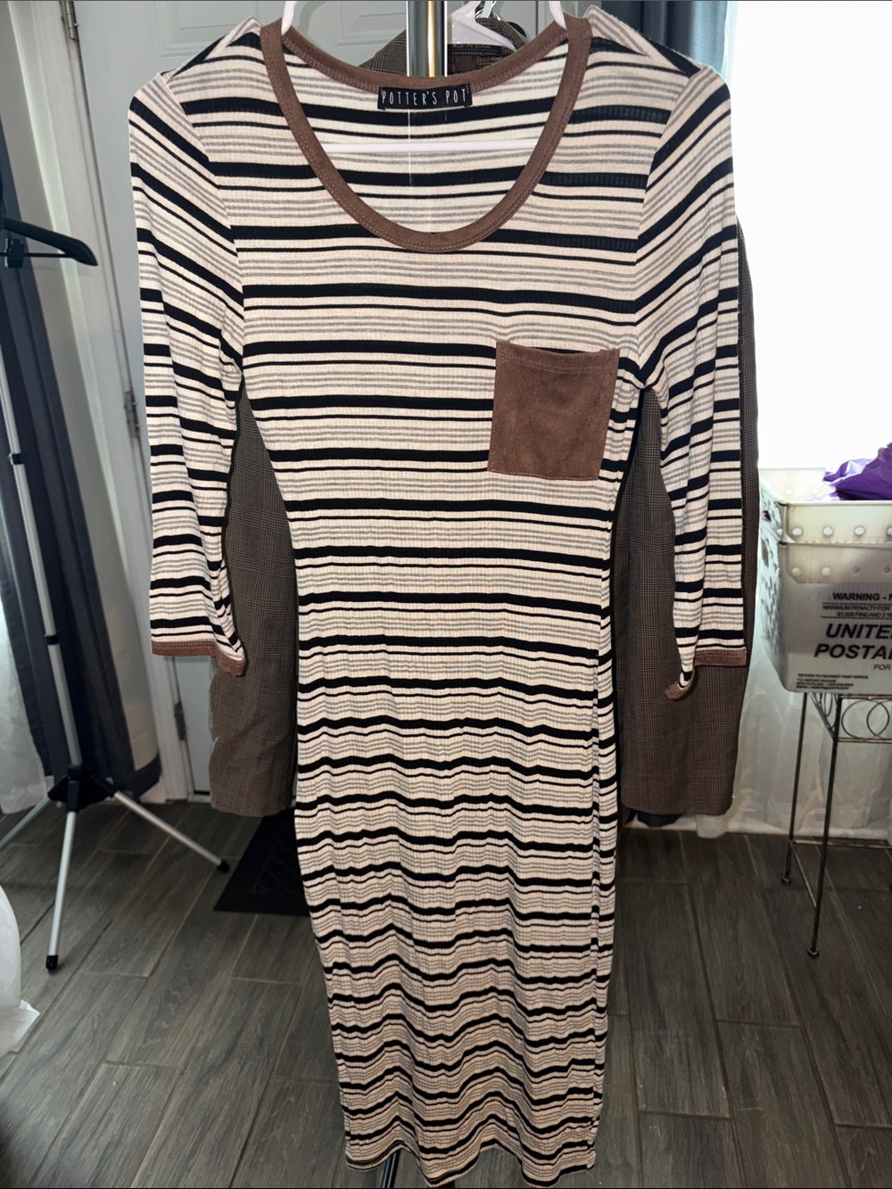 Potters Pot Striped Cream and Brown Knit Dress Small
